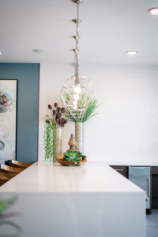 white kitchen with blue accents