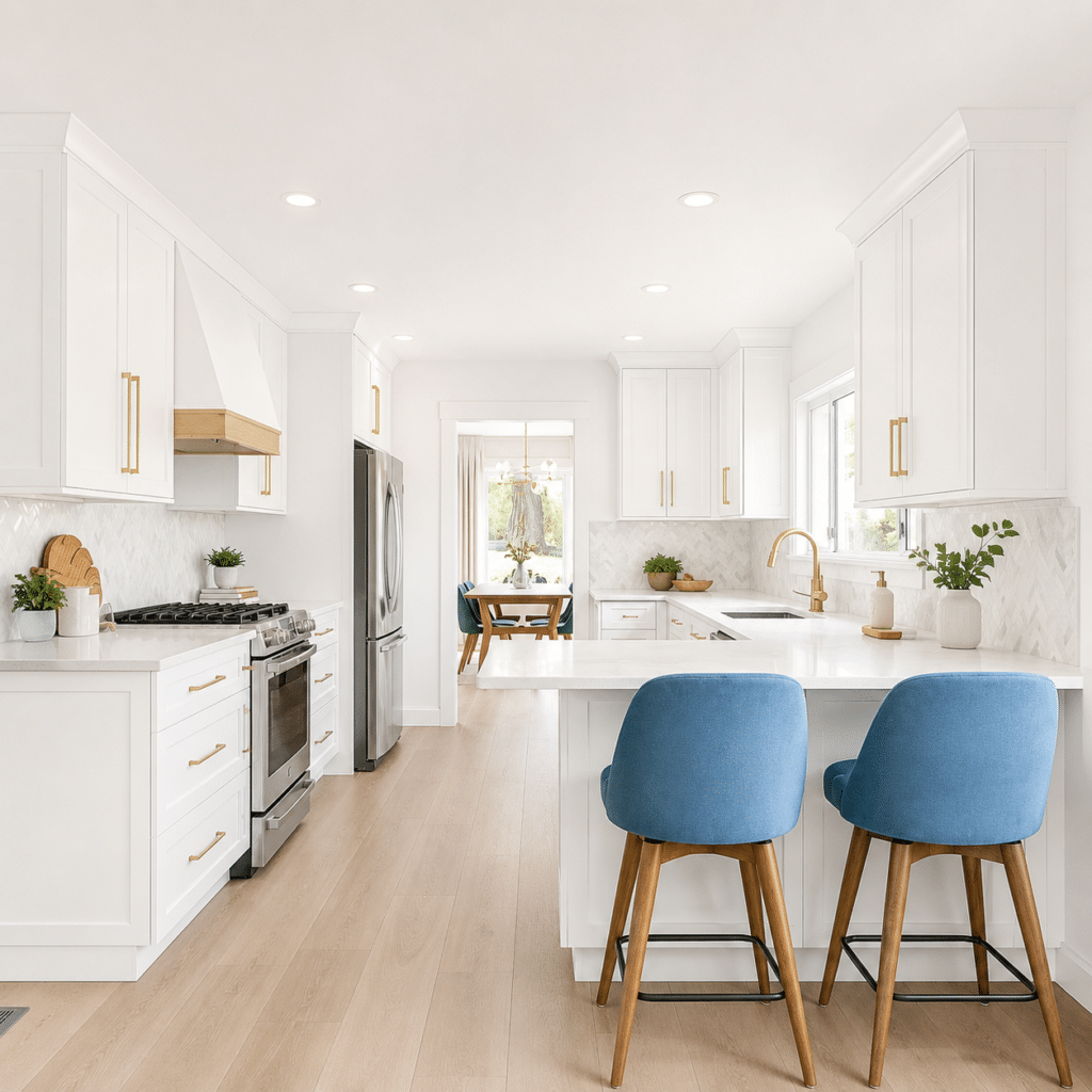 Statement White Kitchen with Blue Accents Ideas