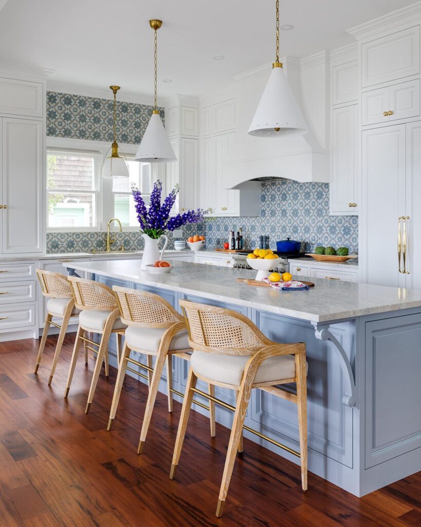Statement White Kitchen with Blue Accents Ideas
