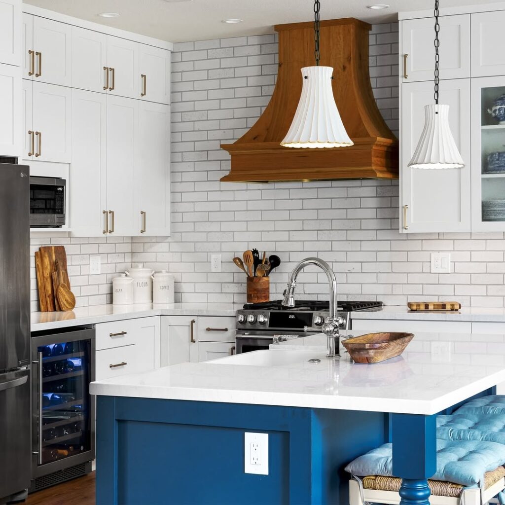 Statement White Kitchen with Blue Accents Ideas