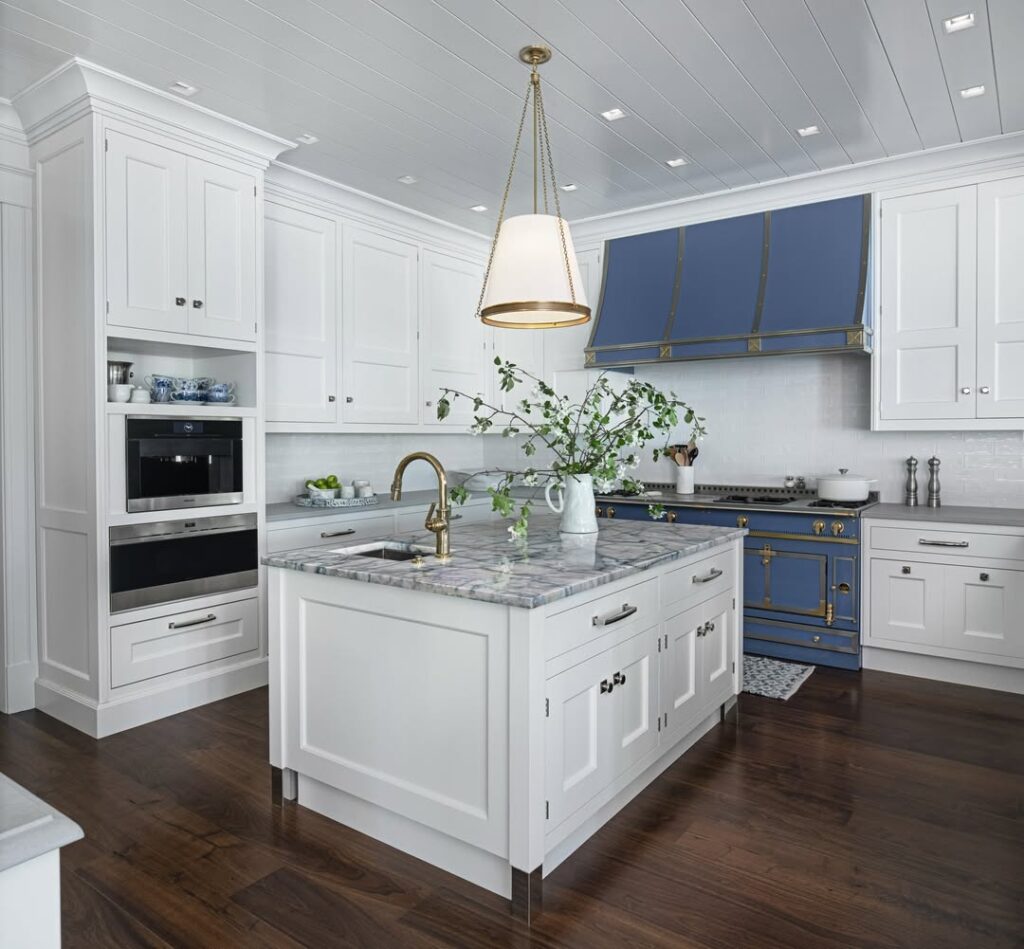 Statement White Kitchen with Blue Accents Ideas